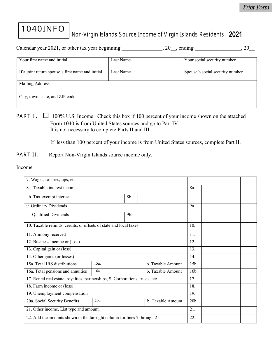 Form 1040INFO Non-virgin Islands Source Income of Virgin Islands Residents - Virgin Islands, Page 1