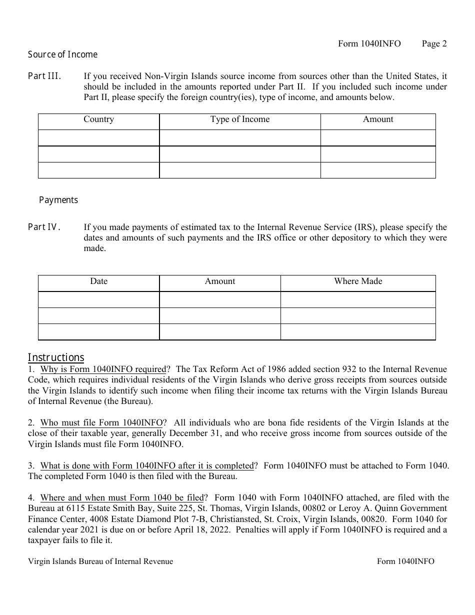 Form 1040INFO Non-virgin Islands Source Income of Virgin Islands Residents - Virgin Islands, Page 2