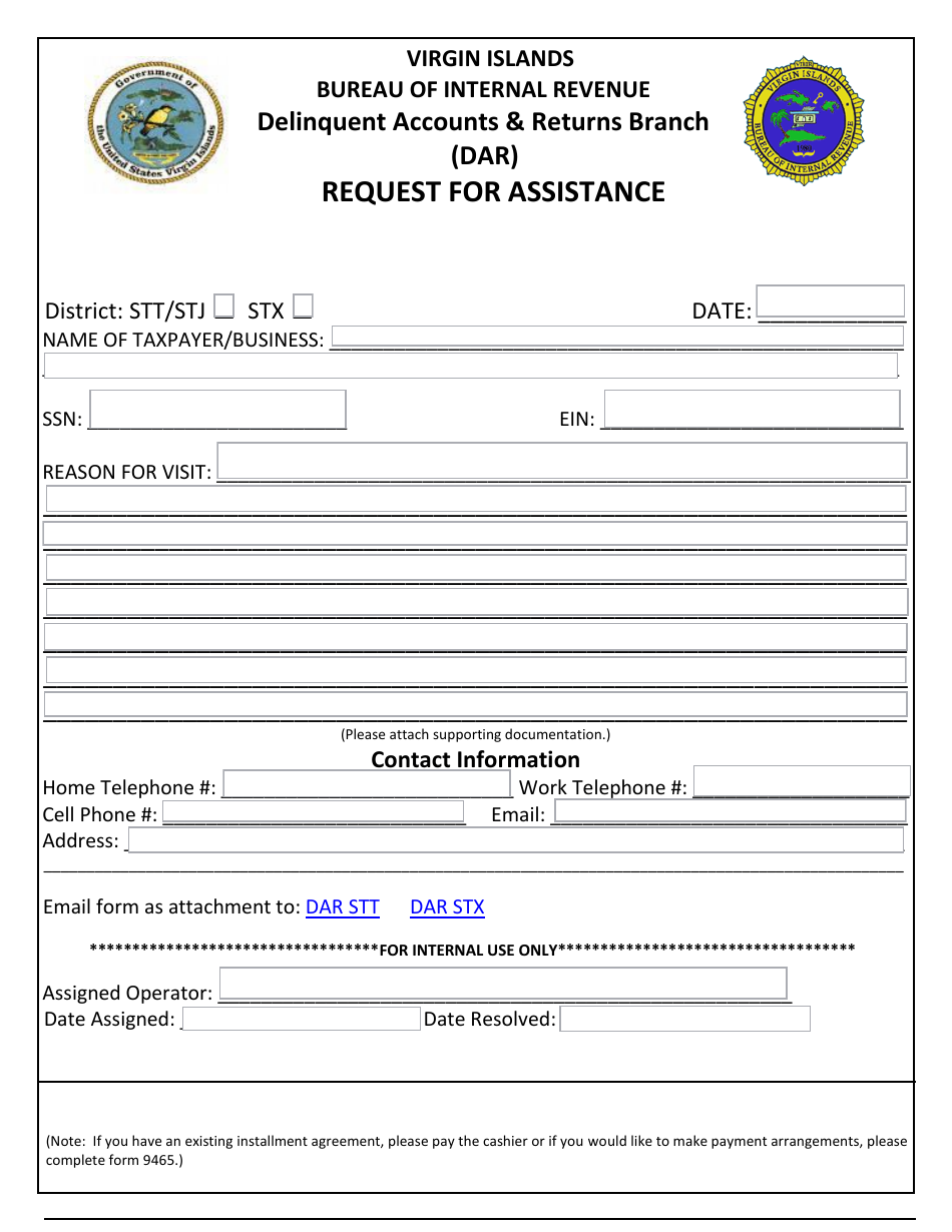 Delinquent Accounts  Returns Branch (Dar) Request for Assistance - Virgin Islands, Page 1