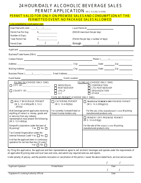 24 Hour / Daily Alcoholic Beverage Sales Permit Application - Sheridan County, Wyoming Download Pdf