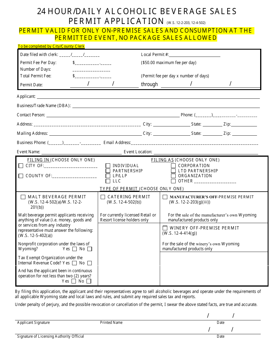 24 Hour / Daily Alcoholic Beverage Sales Permit Application - Sheridan County, Wyoming, Page 1