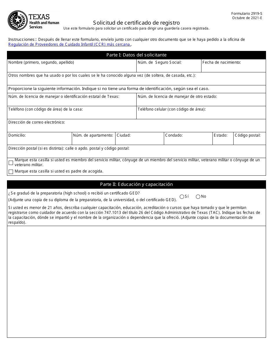 Formulario 2919-S Solicitud De Certificado De Registro - Texas (Spanish), Page 1