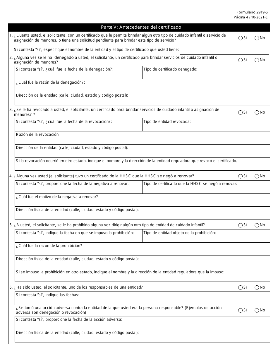 Formulario 2919-S Solicitud De Certificado De Registro - Texas (Spanish), Page 5