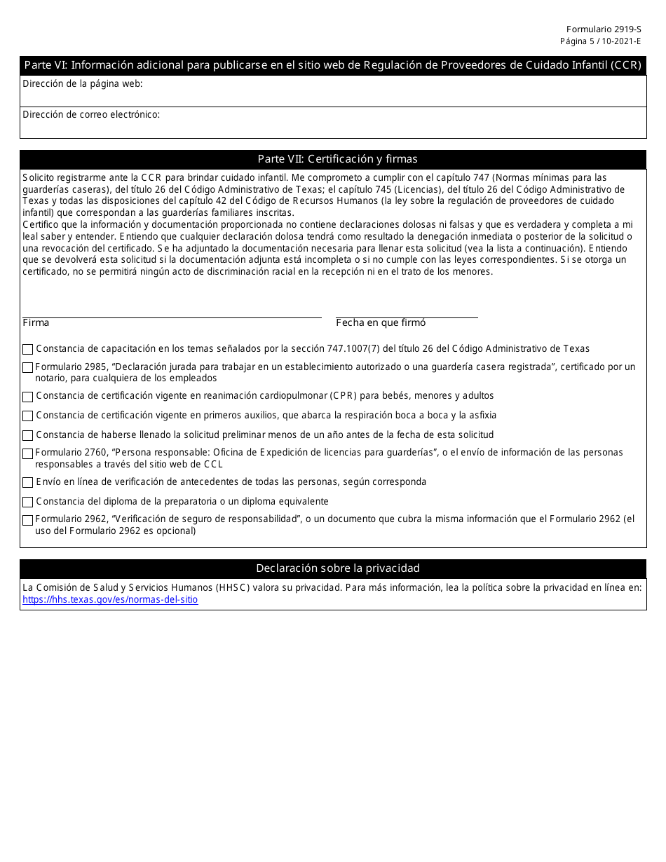 Formulario 2919-S Solicitud De Certificado De Registro - Texas (Spanish), Page 6