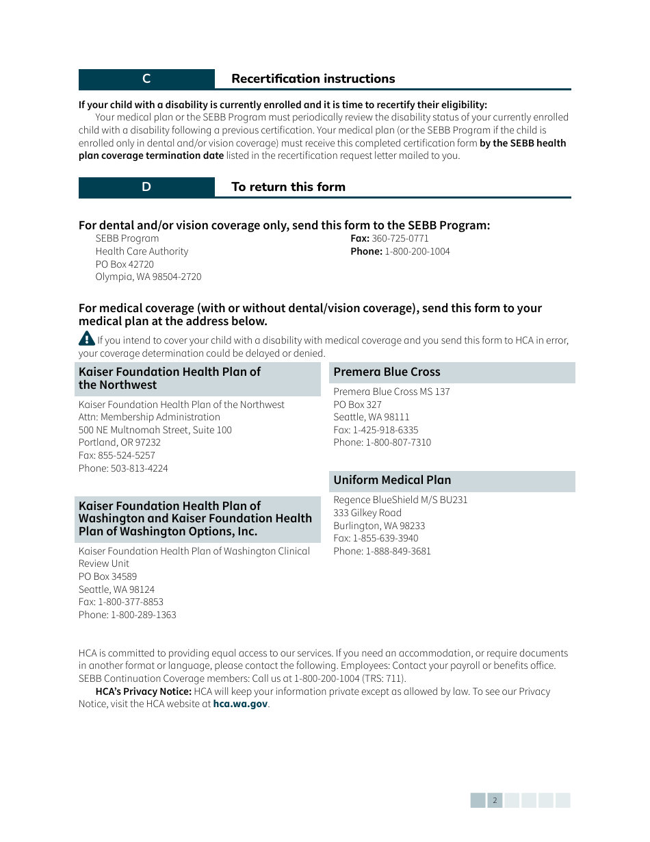 Form HCA20-0061 Sebb Certification of a Child With a Disability - Washington, Page 2