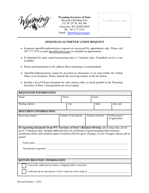 Apostille / Authentication Request - Wyoming Download Pdf