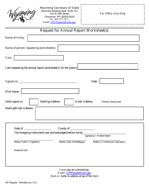 Request for Annual Report Worksheet(S) - Wyoming Download Pdf