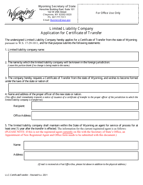 Limited Liability Company Application for Certificate of Transfer - Wyoming Download Pdf