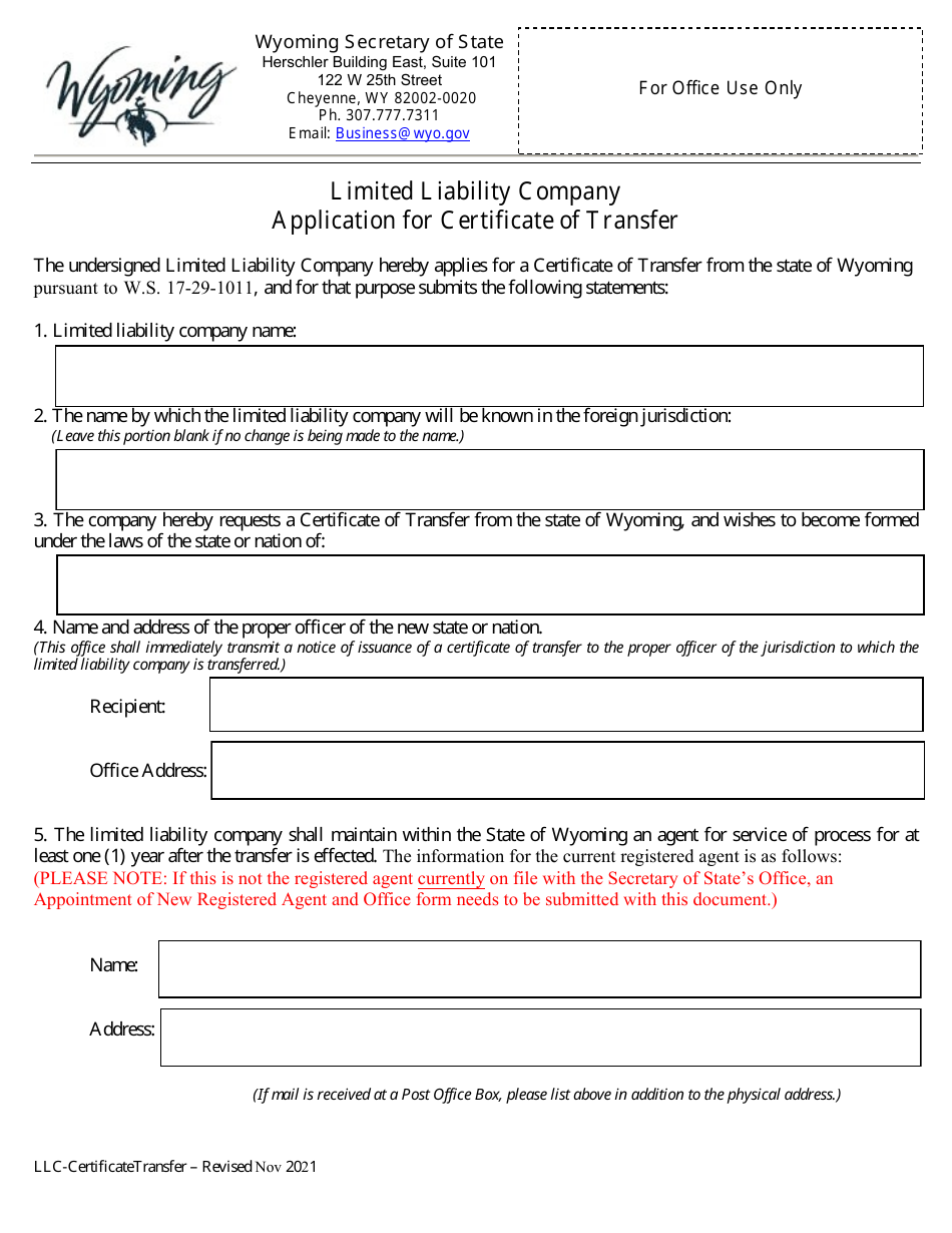 Limited Liability Company Application for Certificate of Transfer - Wyoming, Page 1