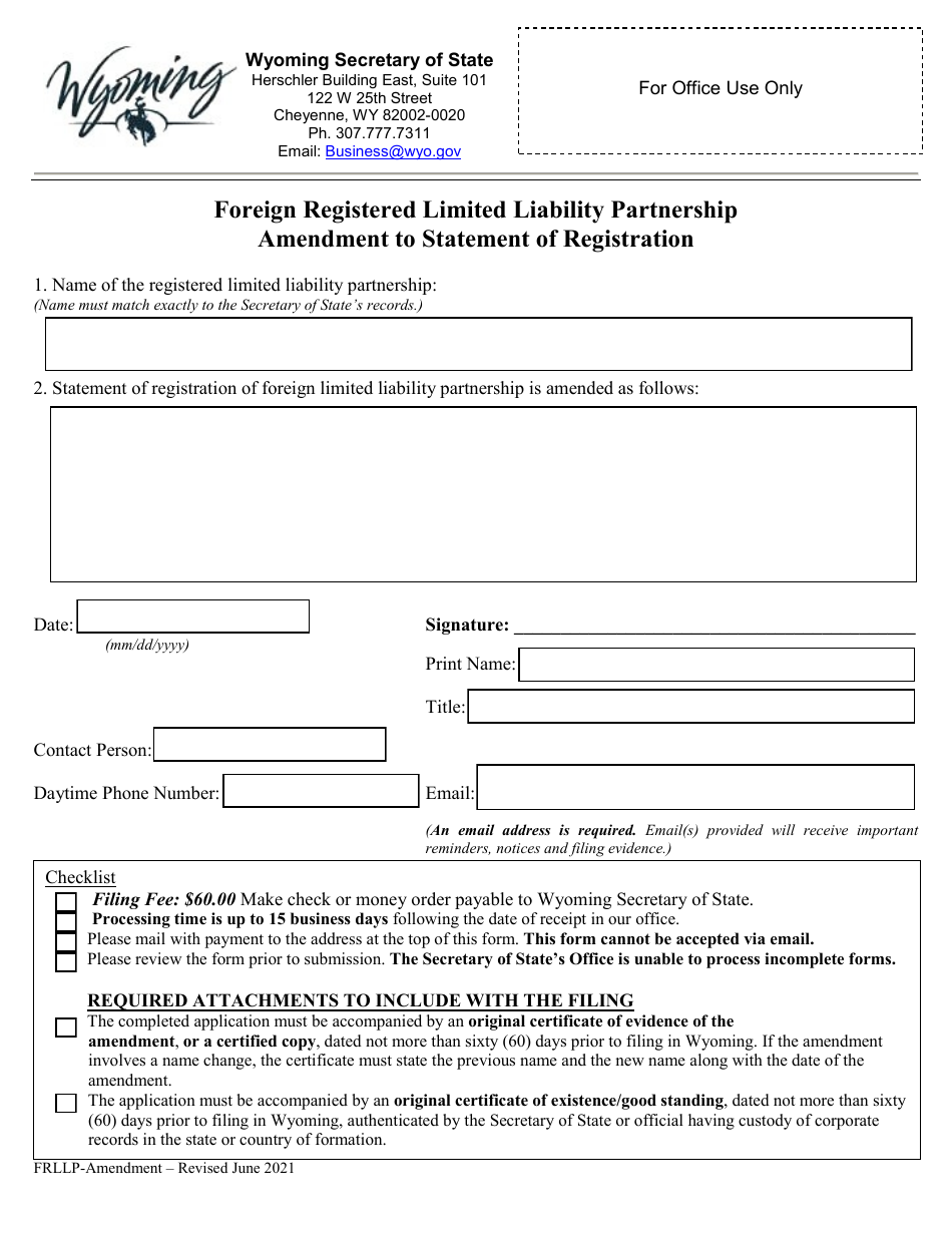 Foreign Registered Limited Liability Partnership Amendment to Statement of Registration - Wyoming, Page 1