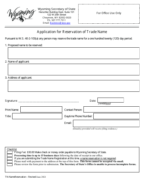 Application for Reservation of Trade Name - Wyoming Download Pdf