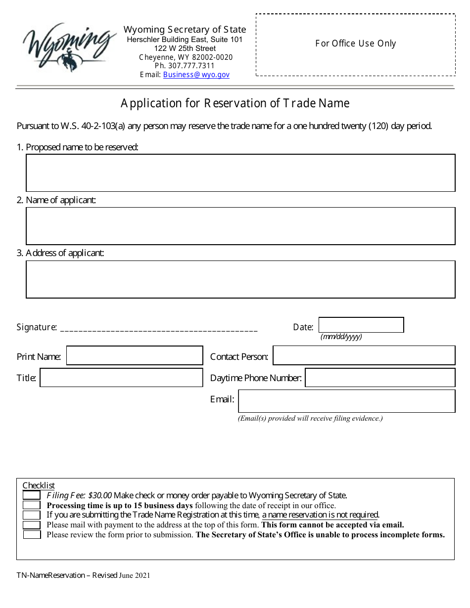 Application for Reservation of Trade Name - Wyoming, Page 1
