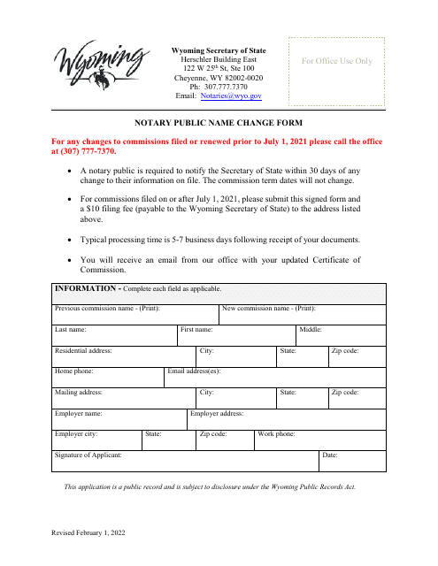 Notary Public Name Change Form - Wyoming Download Pdf