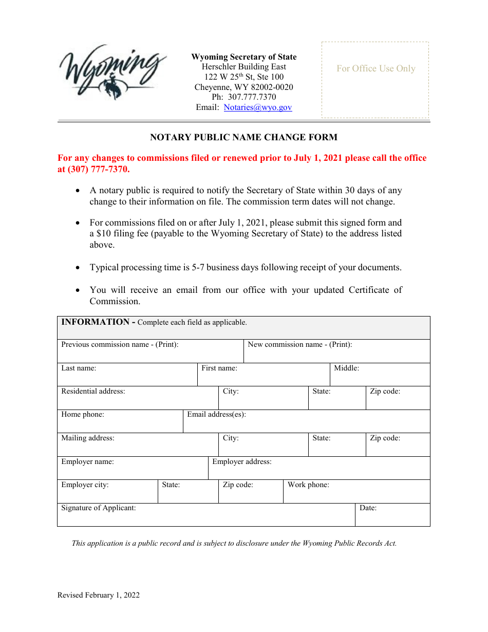Notary Public Name Change Form - Wyoming, Page 1