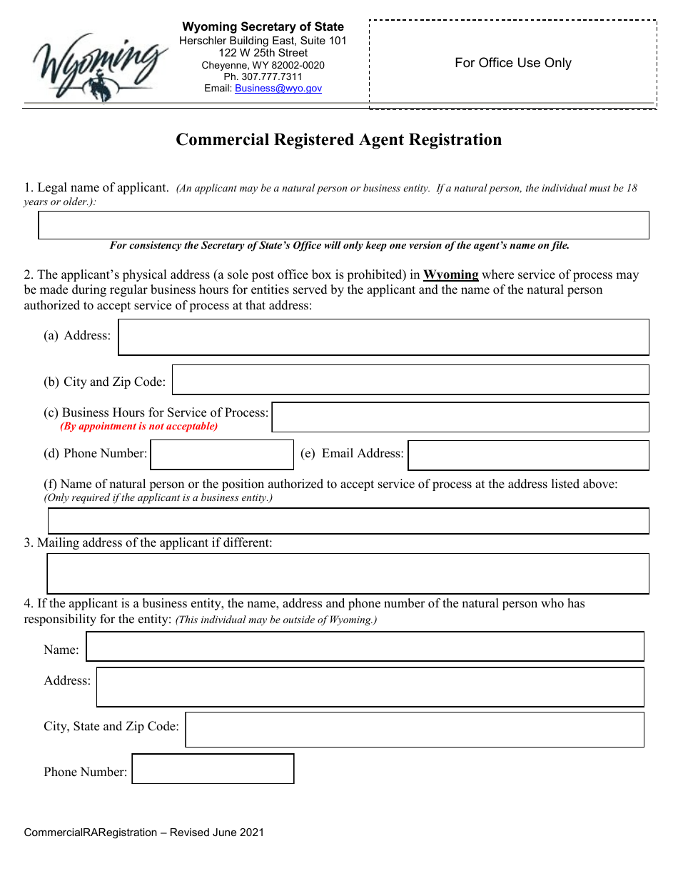 Commercial Registered Agent Registration - Wyoming, Page 1