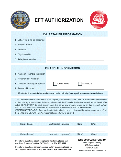 Limited Video Lottery Retailer Eft Authorization - West Virginia Download Pdf