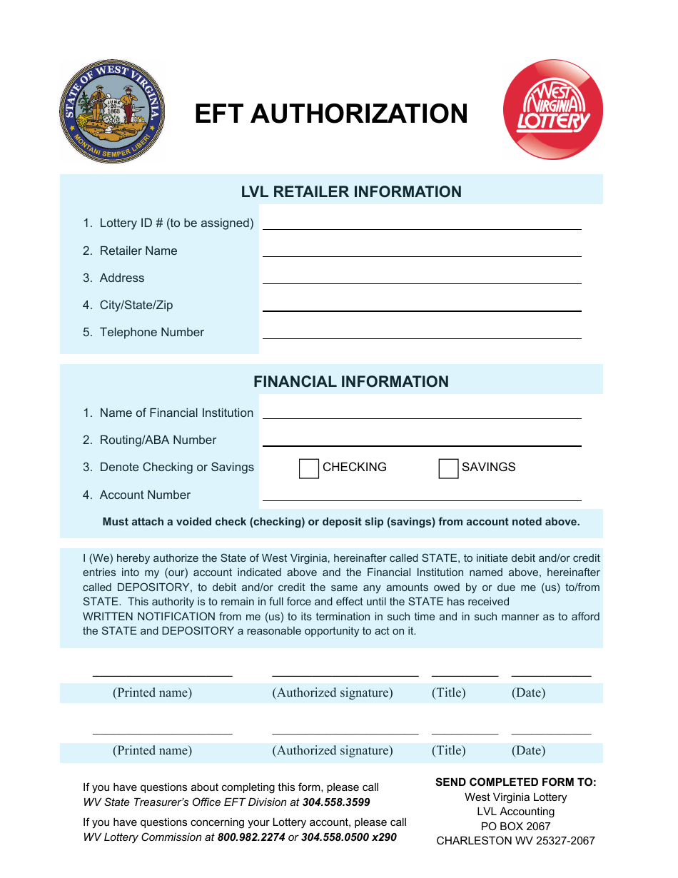 Limited Video Lottery Retailer Eft Authorization - West Virginia, Page 1