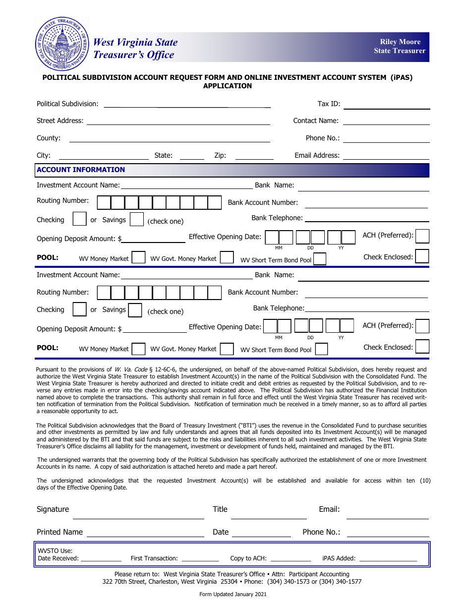 Political Subdivision Account Request Form and Online Investment Account System (Ipas) Application - West Virginia, Page 1