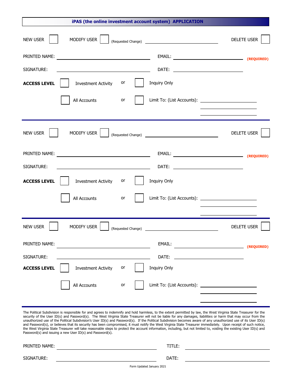 Political Subdivision Account Request Form and Online Investment Account System (Ipas) Application - West Virginia, Page 2