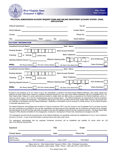 Political Subdivision Account Request Form and Online Investment Account System (Ipas) Application - West Virginia Download Pdf