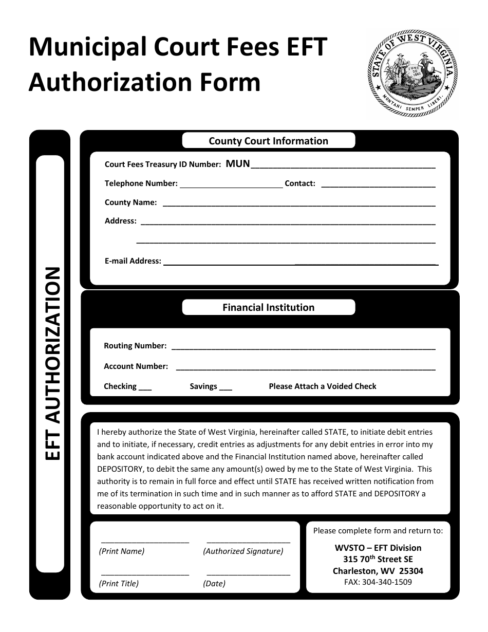 Municipal Court Fees Eft Authorization Form - West Virginia, Page 1