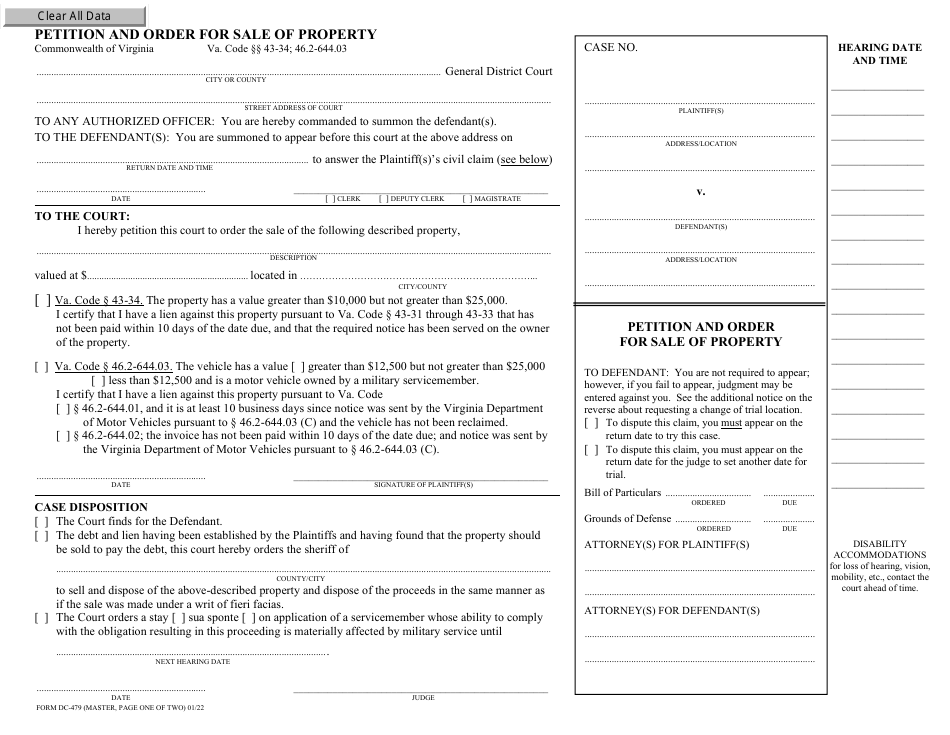 Form DC-479 Petition and Order for Sale of Property - Virginia, Page 1