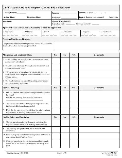 Child & Adult Care Food Program (CACFP) Site Review Form - Vermont