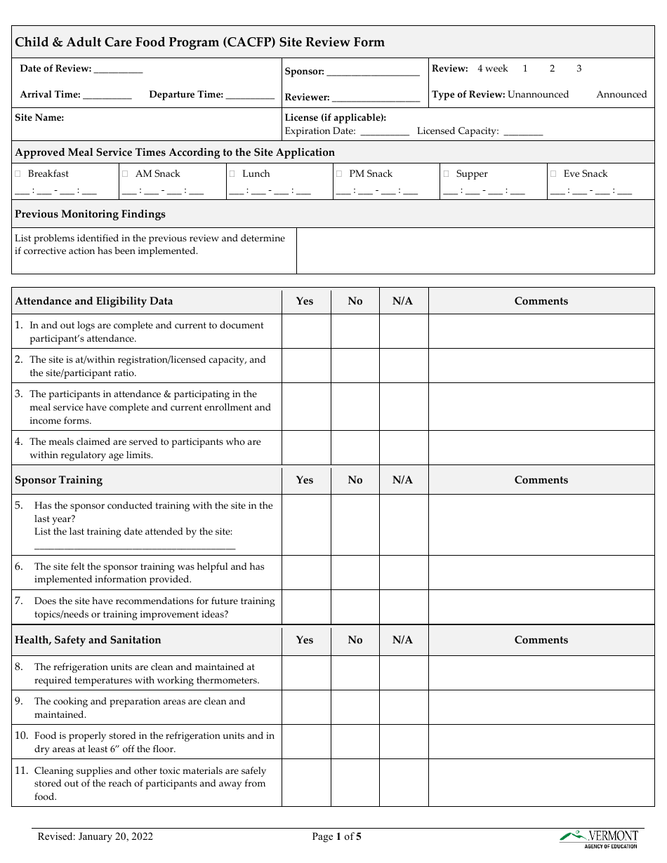 Child  Adult Care Food Program (CACFP) Site Review Form - Vermont, Page 1