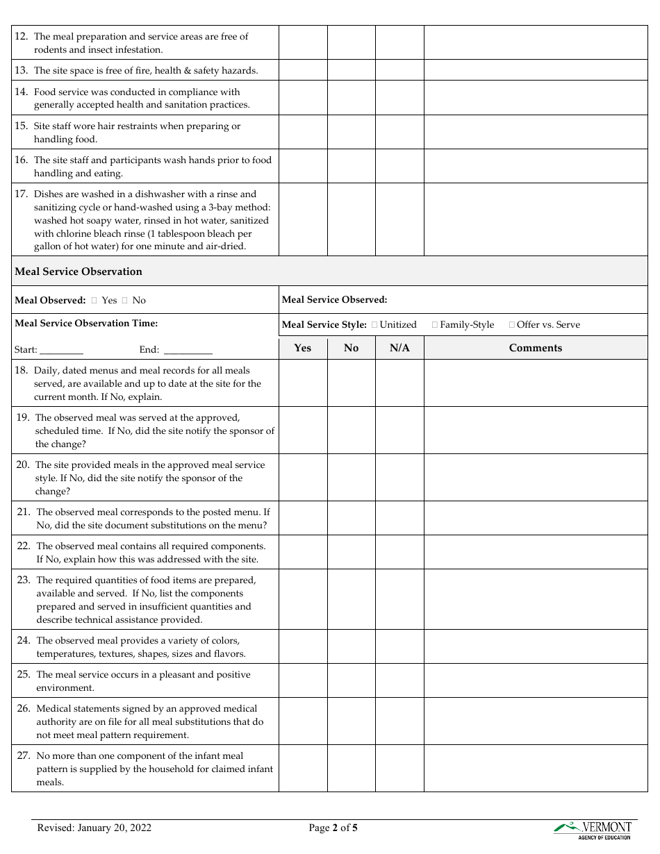 Vermont Child & Adult Care Food Program (CACFP) Site Review Form - Fill ...