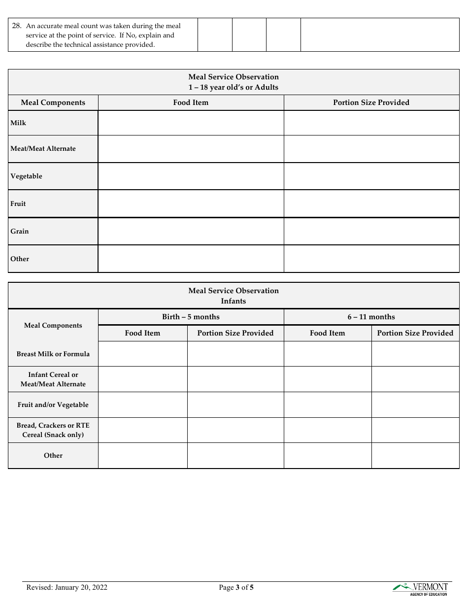 Vermont Child & Adult Care Food Program (CACFP) Site Review Form - Fill ...