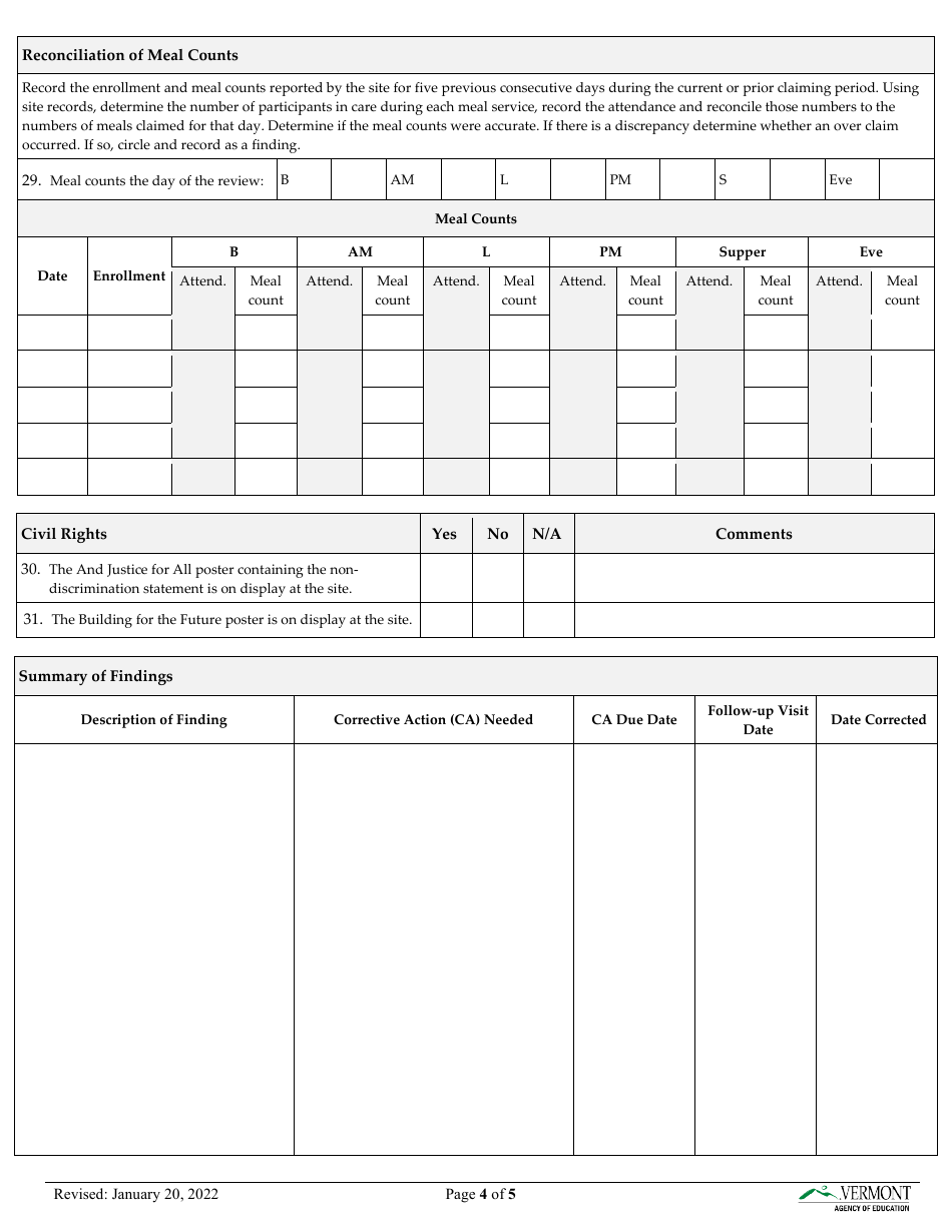 Child  Adult Care Food Program (CACFP) Site Review Form - Vermont, Page 4