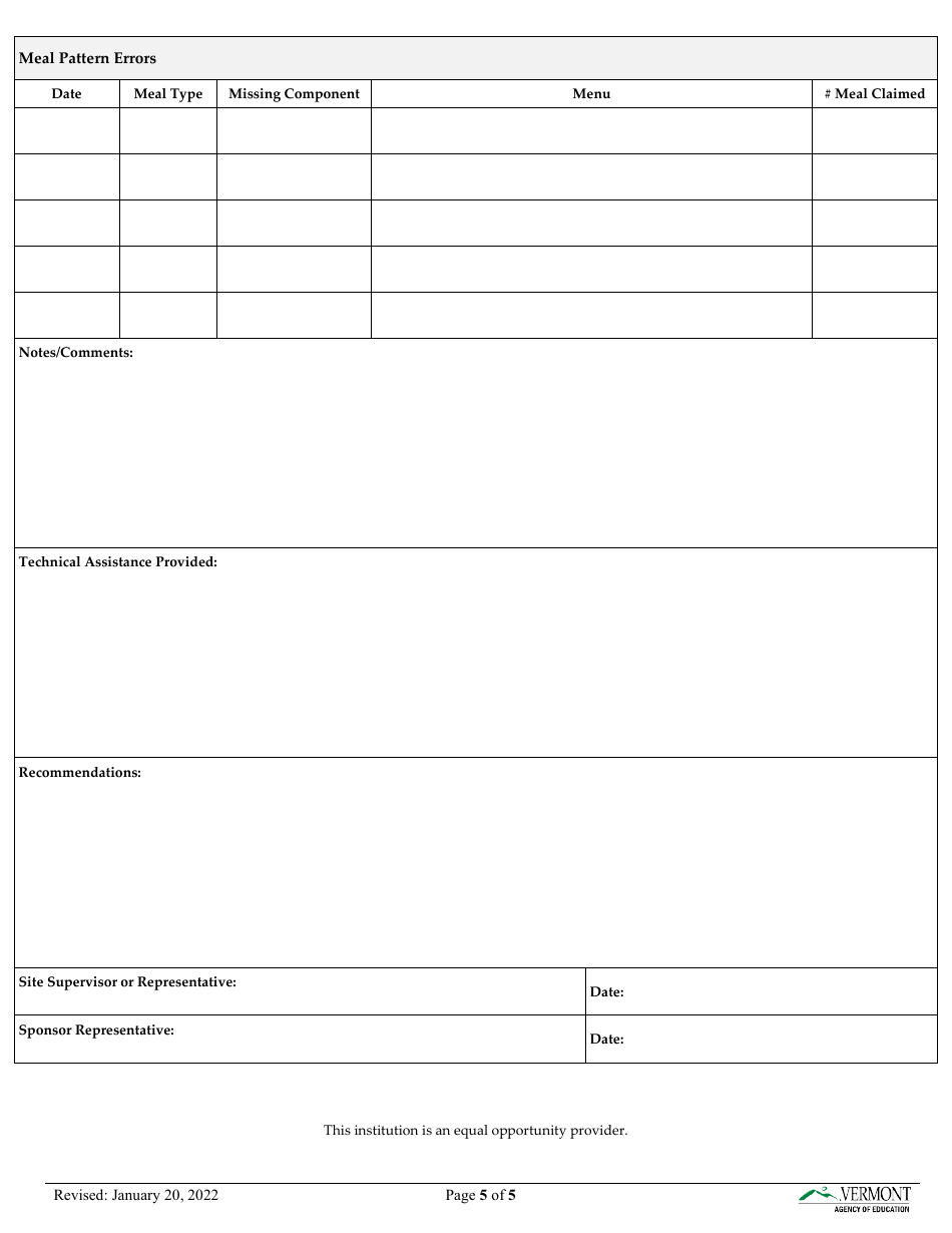 Vermont Child & Adult Care Food Program (CACFP) Site Review Form - Fill ...