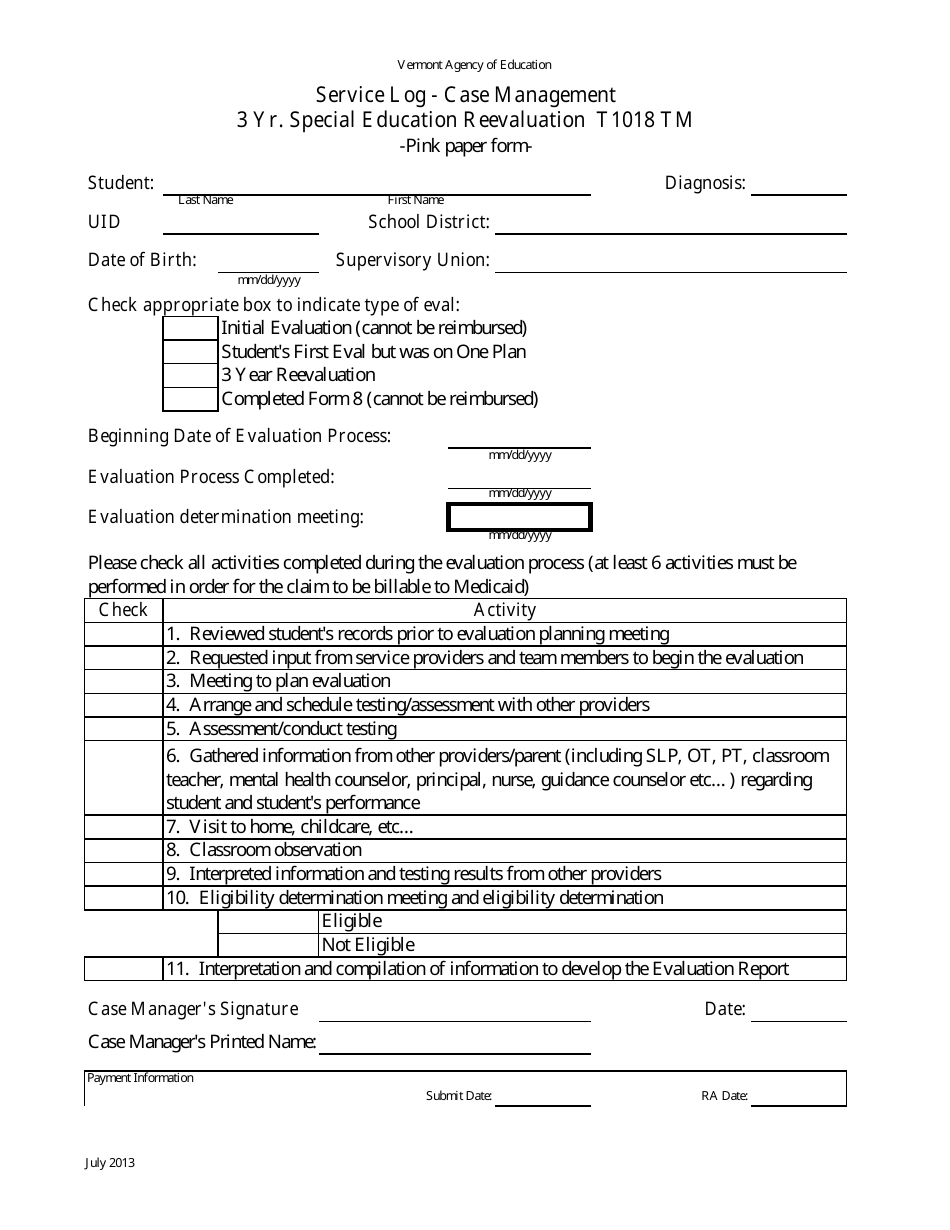 Service Log - Case Management - 3 Yr. Special Education Reevaluation - Vermont, Page 1