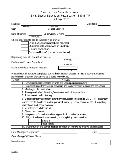 Service Log - Case Management - 3 Yr. Special Education Reevaluation - Vermont Download Pdf
