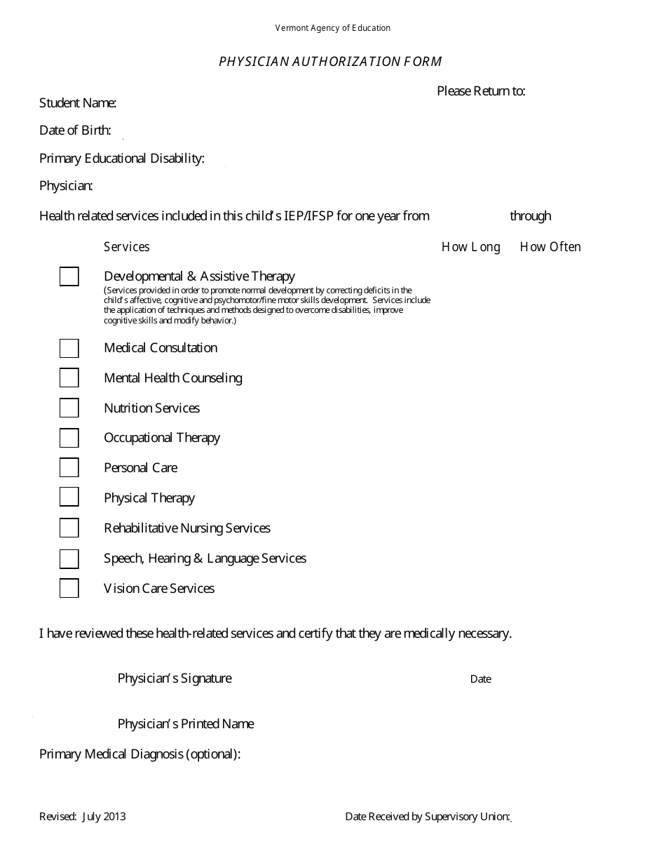 Physician Authorization Form - Vermont, Page 1