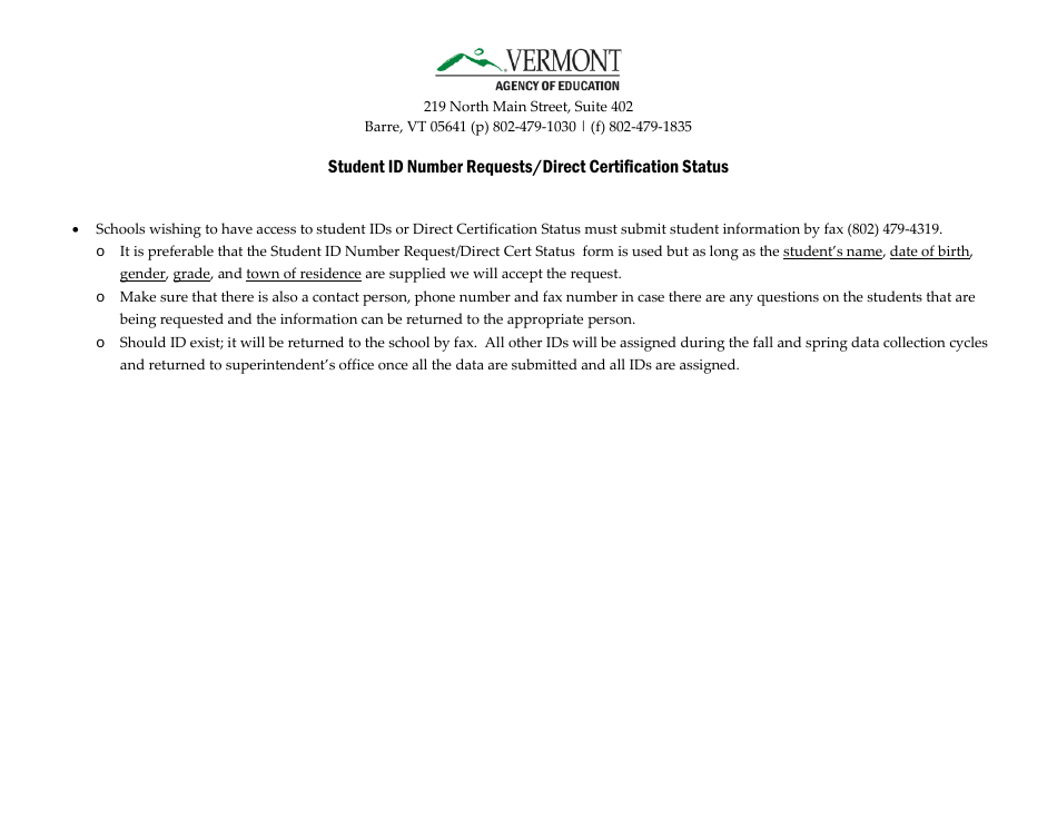 Student Id Number Request / Direct Certification Status Form - Vermont, Page 1