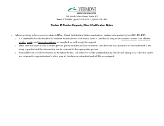 Document preview: Student Id Number Request/Direct Certification Status Form - Vermont