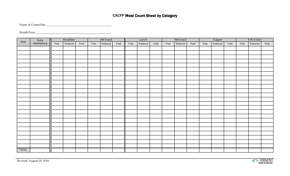 CACFP Meal Count Sheet by Category - Vermont, Page 1