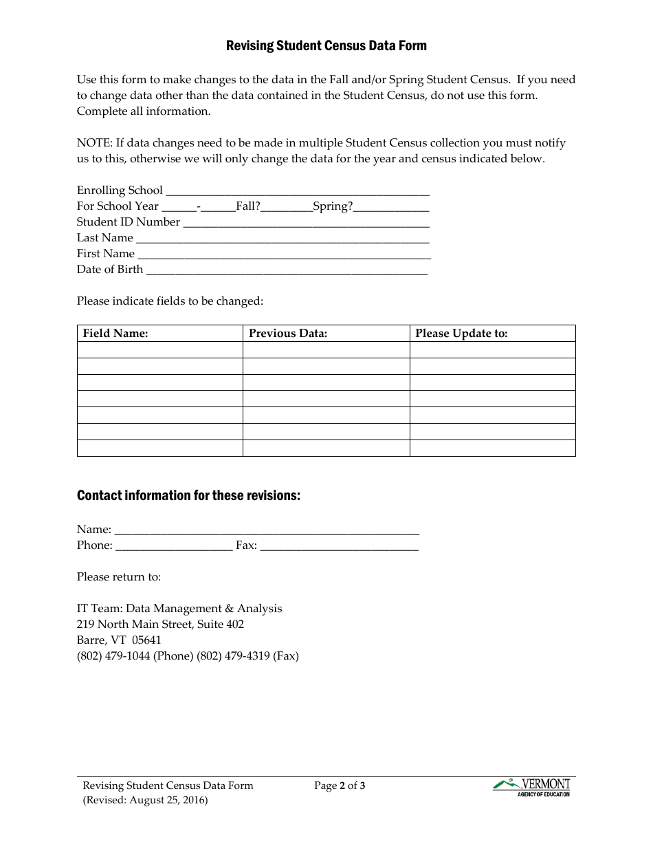 Revising Student Data Previously Submitted to the Aoe - Vermont, Page 2