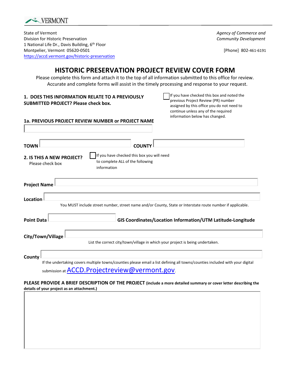 Historic Preservation Project Review Cover Form - Vermont, Page 1