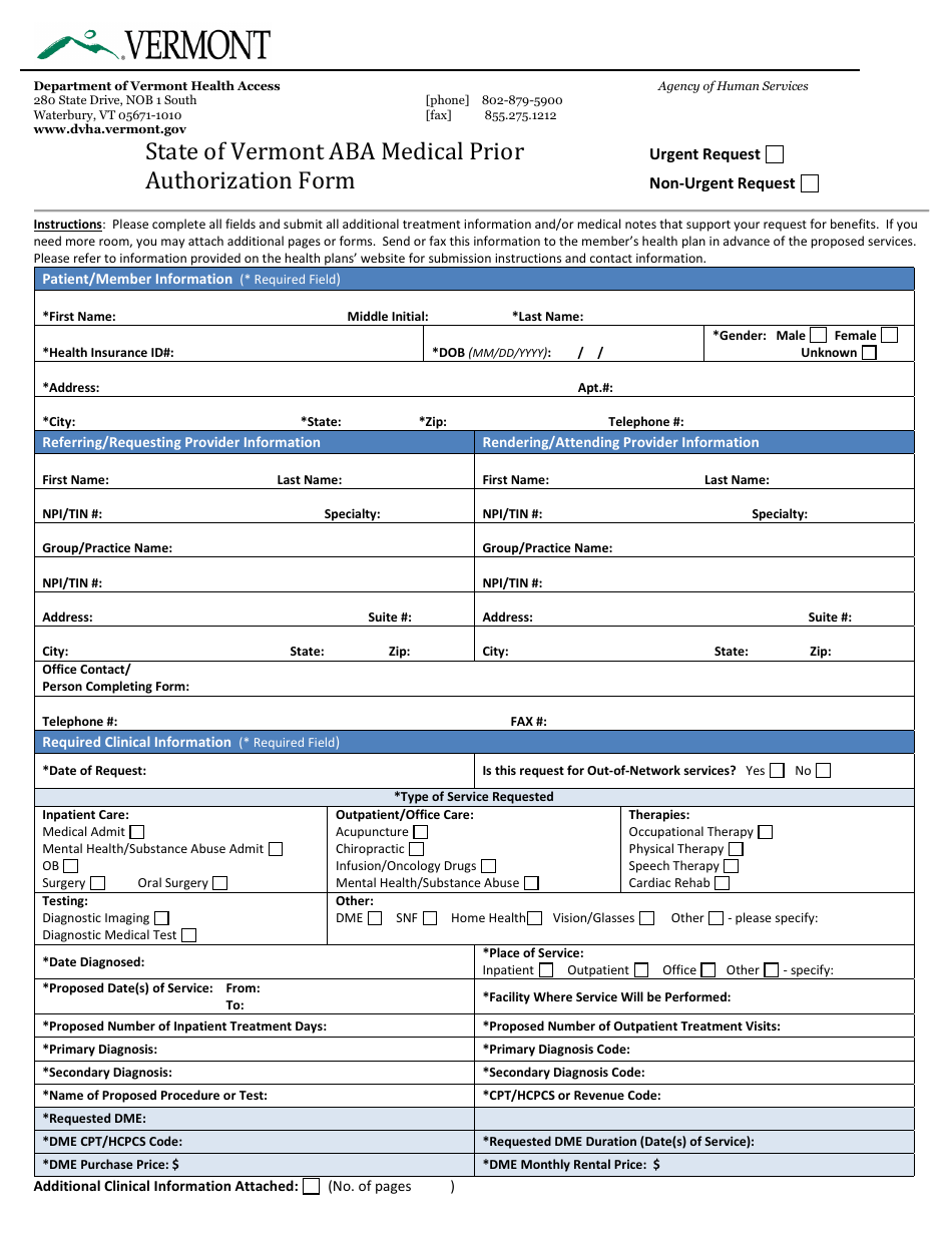 Aba Medical Prior Authorization Form - Vermont, Page 1
