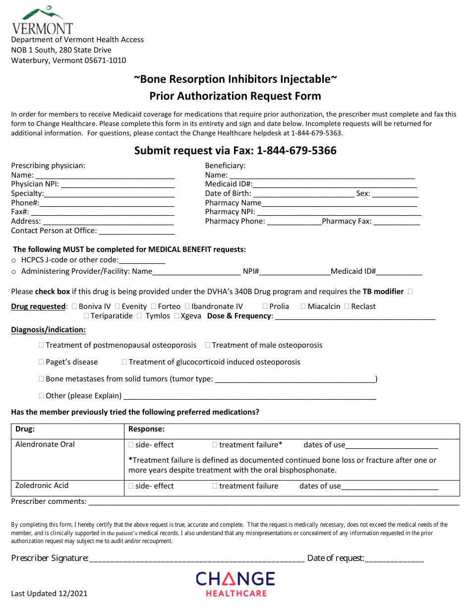 Prior Authorization Request Form - Bone Resorption Inhibitors Injectable - Vermont, Page 1