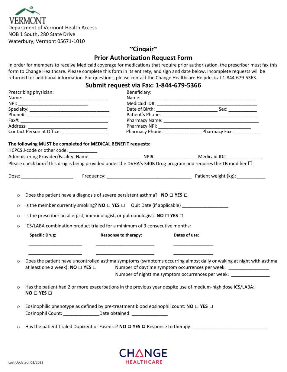 Cinqair Prior Authorization Request Form - Vermont, Page 1