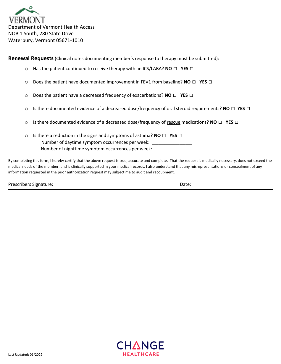 Cinqair Prior Authorization Request Form - Vermont, Page 2