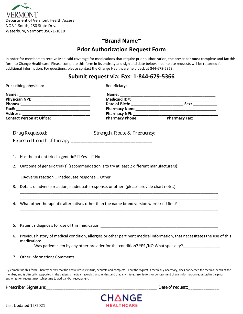 Brand Name Prior Authorization Request Form - Vermont, Page 1