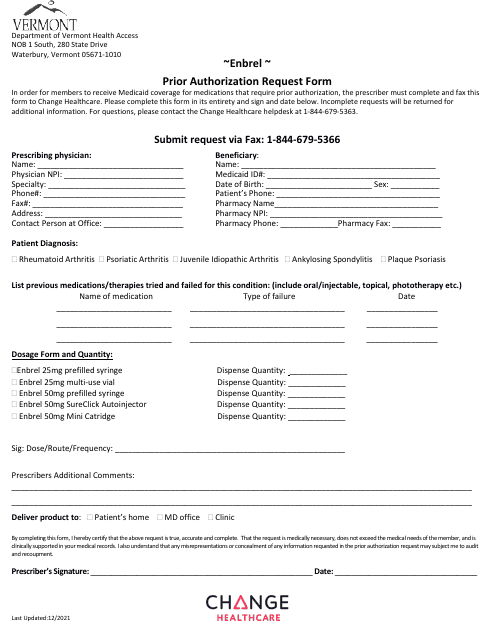 Enbrel Prior Authorization Request Form - Vermont Download Pdf