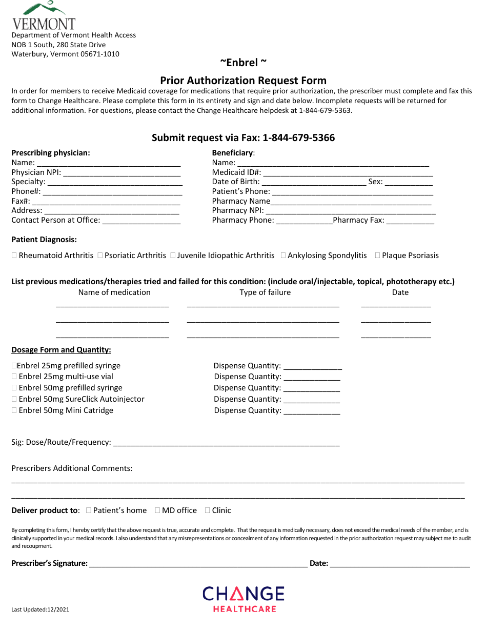 Enbrel Prior Authorization Request Form - Vermont, Page 1