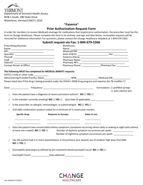 Fasenra Prior Authorization Request Form - Vermont Download Pdf