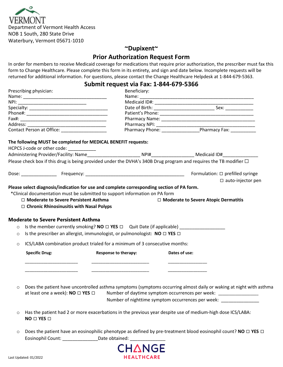 Dupixent Prior Authorization Request Form - Vermont, Page 1