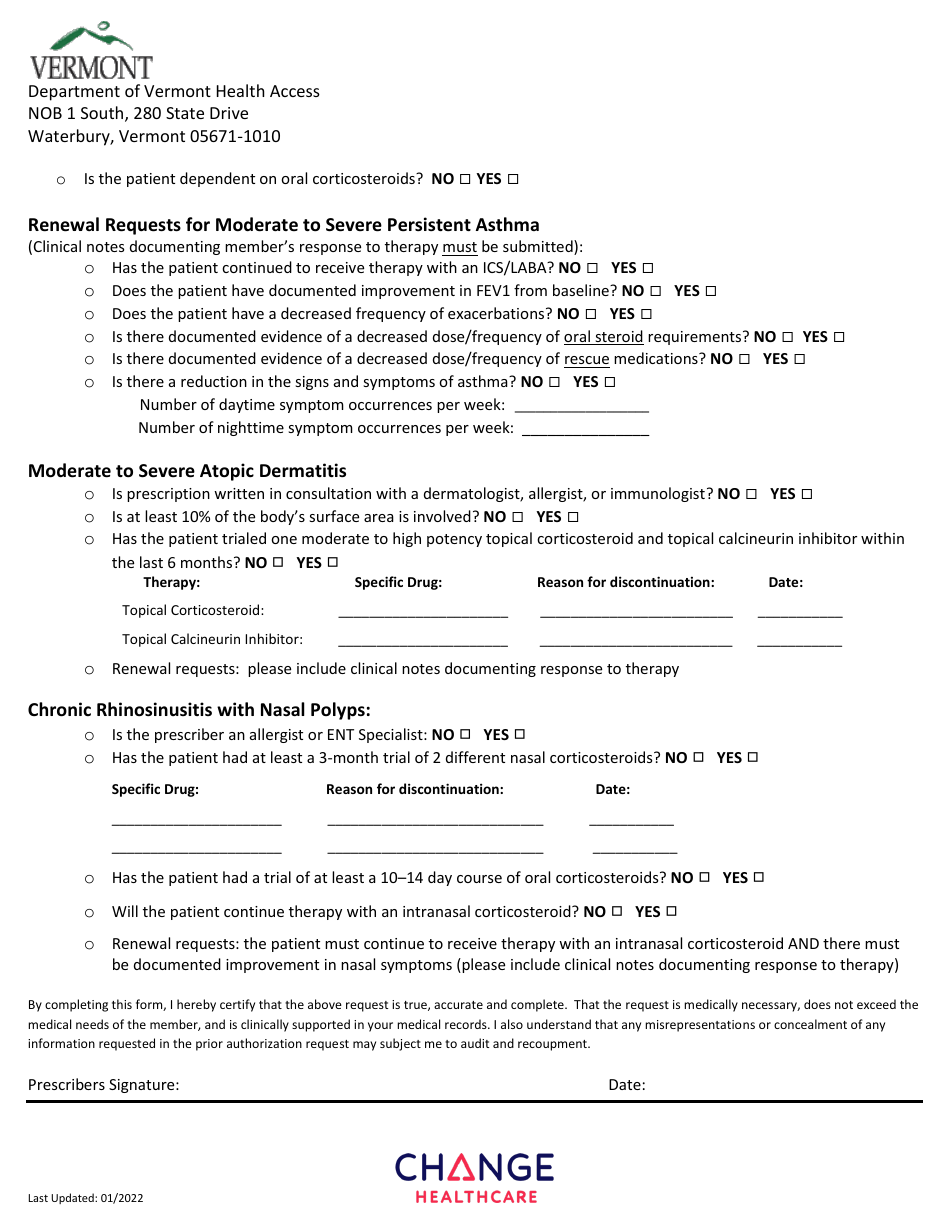 Vermont Dupixent Prior Authorization Request Form Fill Out Sign Online And Download Pdf 9244